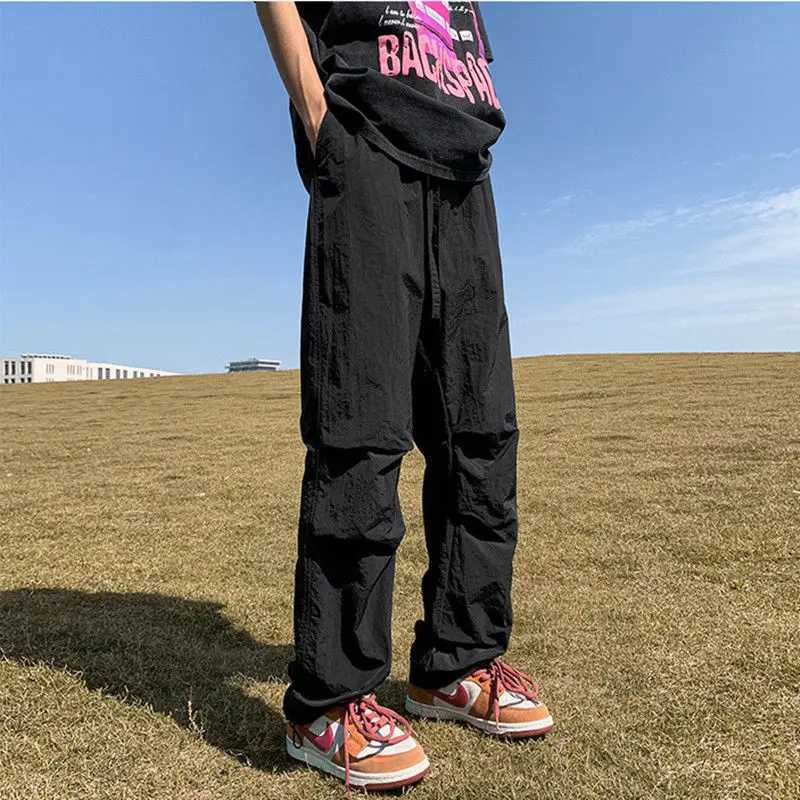 High Street Fashion Summer Casual Pants Men Solid Elastic Waist Drawstring Pocket Ice Silk Quick Drying Loose Straight Trousers y250716