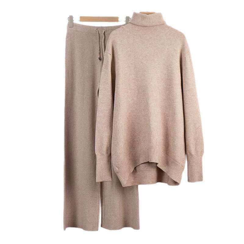 Solid Color Turtleneck + Wide-Leg Pants Knitted Two-Piece Set Winter Versatile Loose Sweater Outfit B5