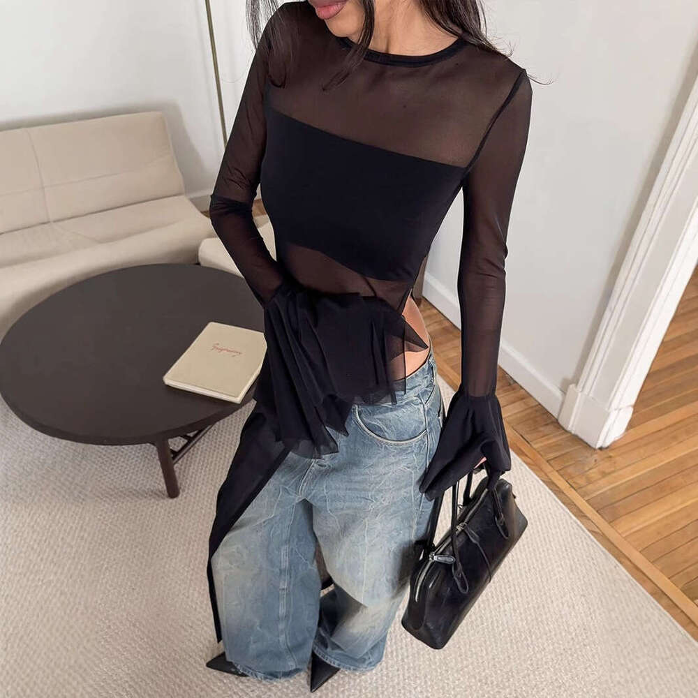 Irregular Summer New Bell Sleeve Long Black Mesh Dress B5