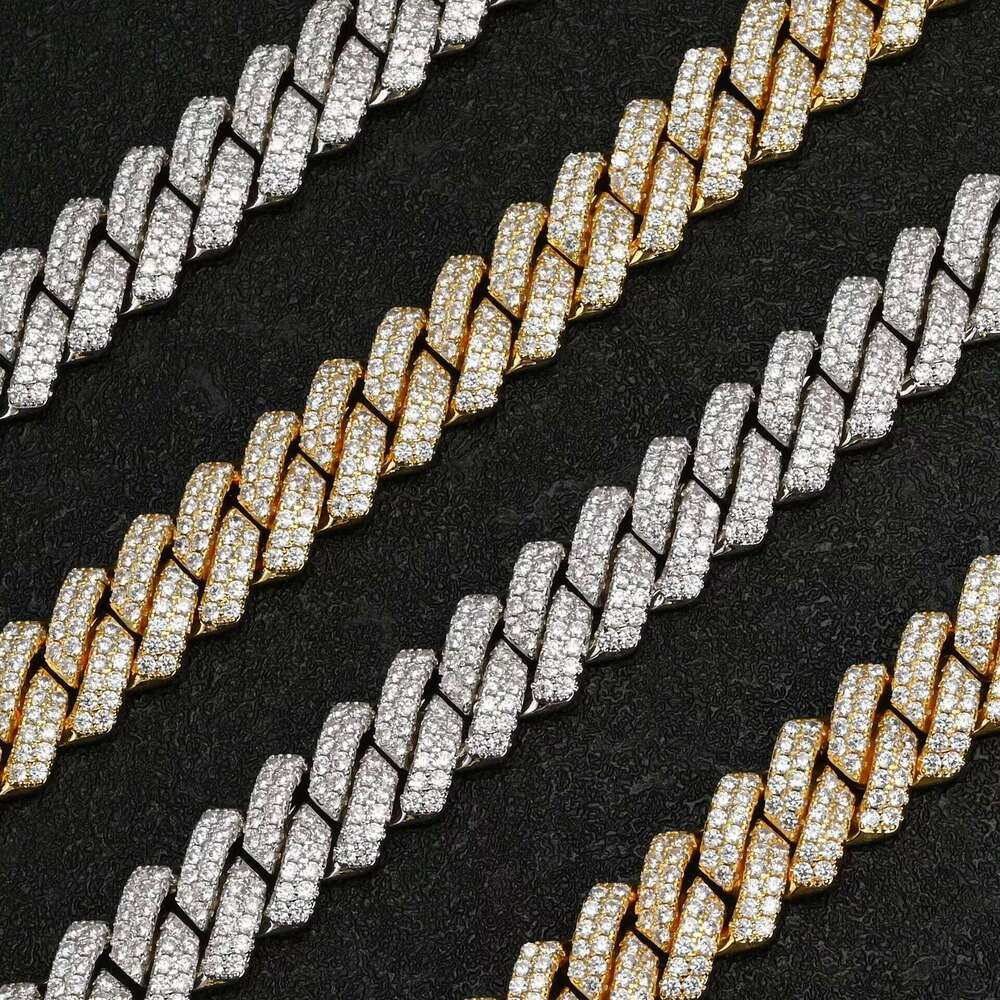 Hip hop jewelry bracelet necklace18mm Iced Out Moissanite CZ Cuban Chain Necklace Pass Test GRA Two-tone Sterling Sier Plated VVS Hip Hop