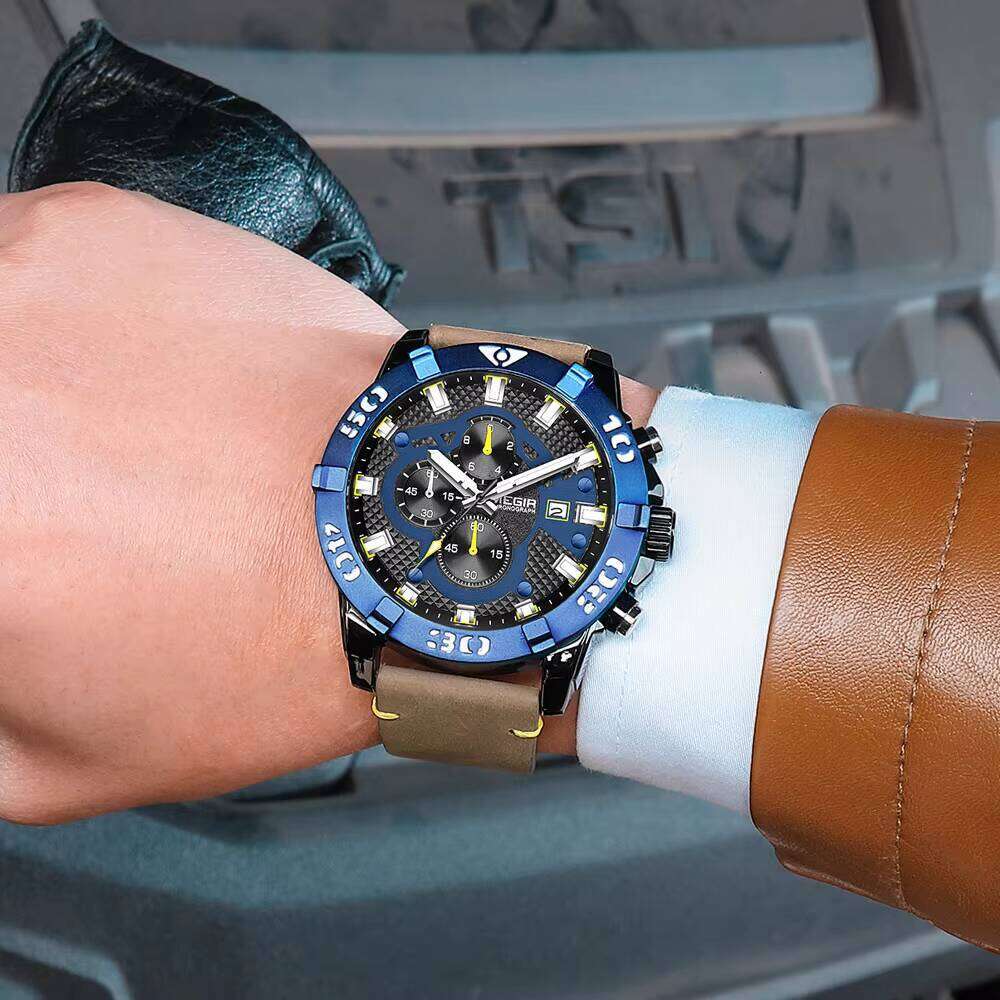 MEGIR 2136 Mens Quartz Solar Watch Big Dial Genuine Leather Band Luxury Sport Style Casual Analog Timepiece