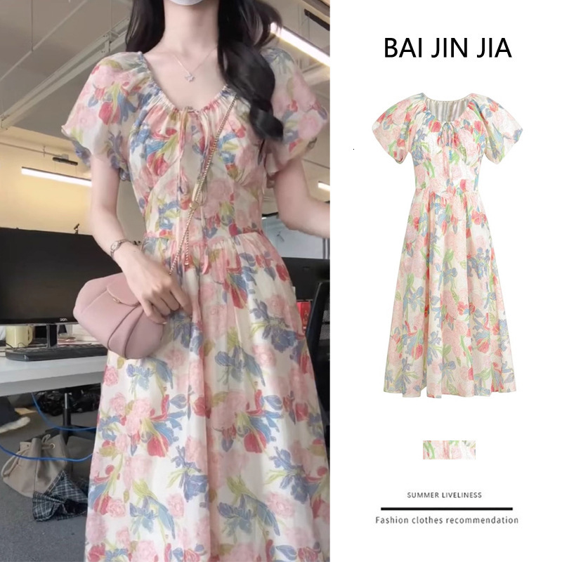 2025 Tea Break French Puff Sleeve Floral Dress for Women Summer 2024 New Gentle Style Super Beautiful Waist-Cinching Elegant Long
