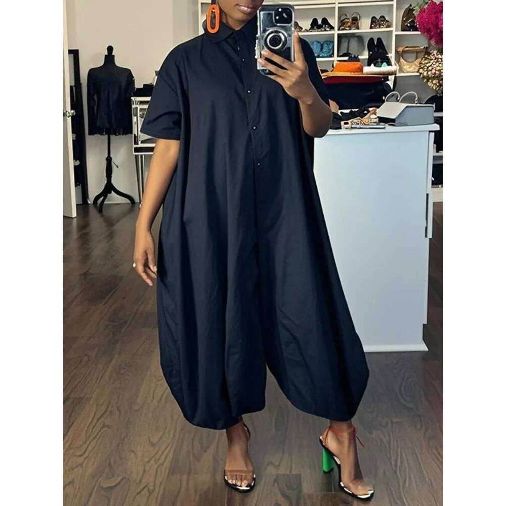 Onecozyday Women's Summer Loose Fit Jumpsuit Solid Color Lapel Collar Short Sleeves Buttoned Playsuit Casual Streetwear Romper