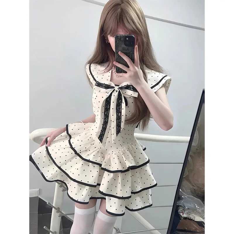 Japanese Kawaii Polka Dot Mini Dress Women Preppy Bow Ruffles Dresses Summer Y2K Lolita Sailor Collar Backless Bodycon Vestidos R250716