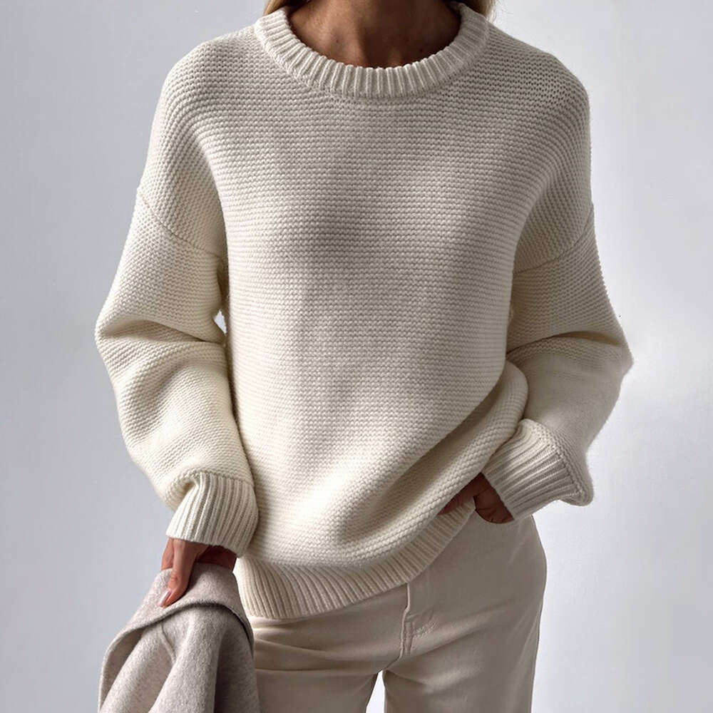 Knitted Autumn Winter New Style Elegant Simple Lazy Pullover Pure White Round Neck Sweater B5