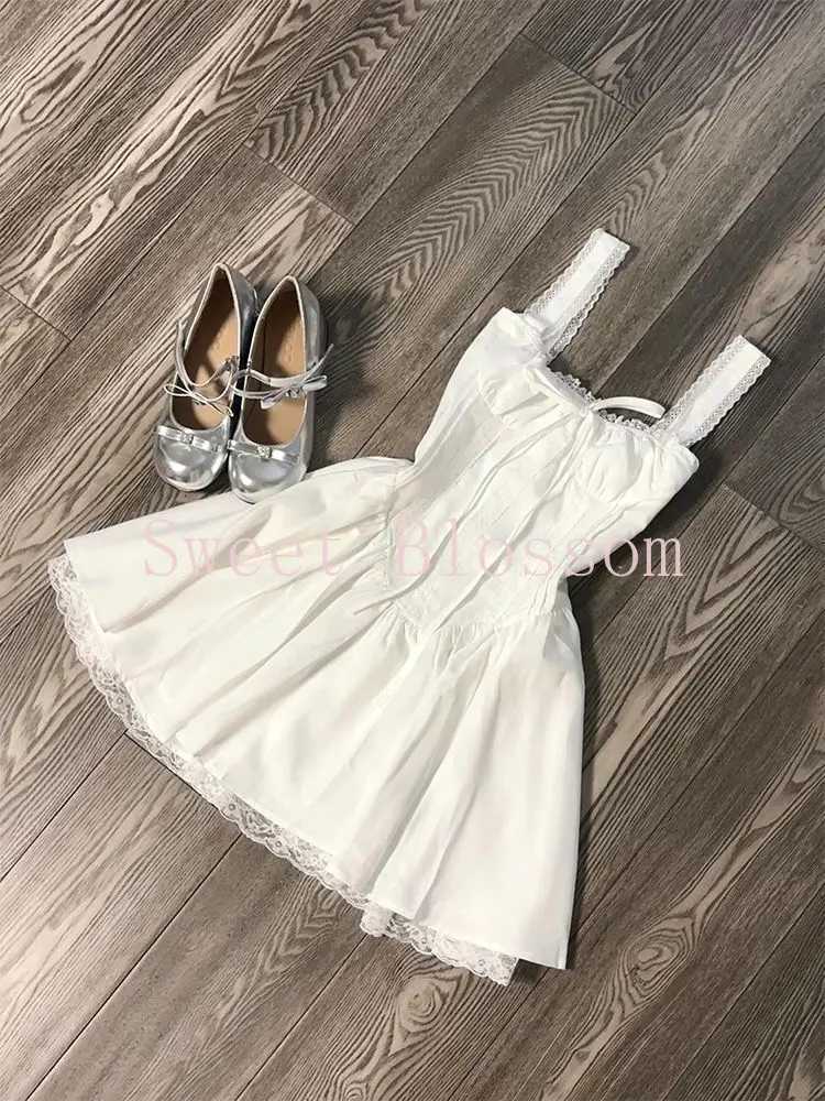 French Elegant Lace Stitching Sweet White Dress Women Summer Aesthetic Slim Kawaii Dresses New Fashion Casual Fluffy Outfit 2025 R250716