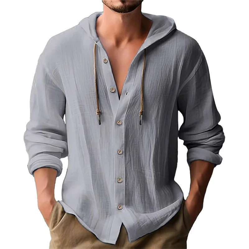 Mens solid color casual shirt hooded drawstring cotton and linen cardigan trendy and versatile loose beach T-shirt 250716