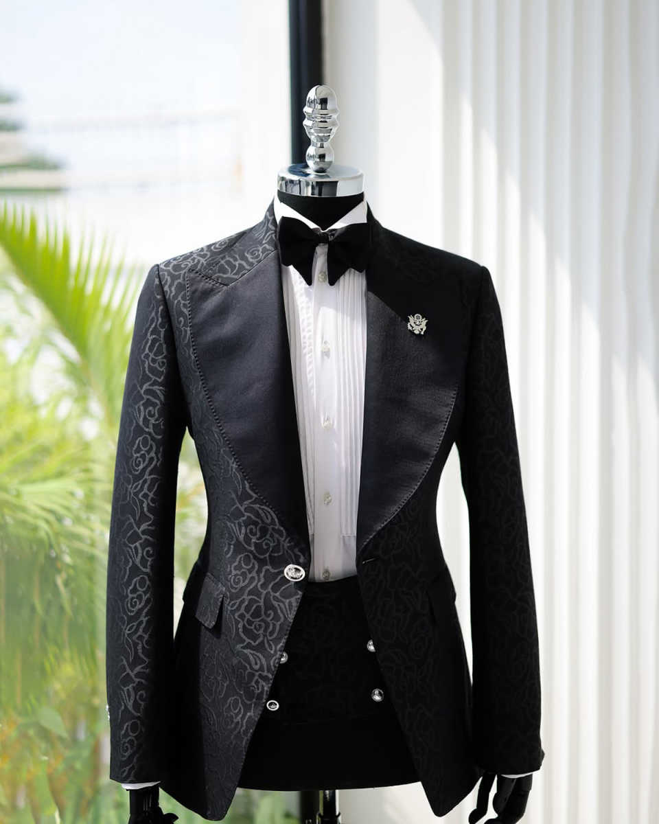 Luxury Beads Jacquard 2 Pieces Men Suits Floral One Button Peaked Lapel Tuxedo Slim Wedding Groom Prom Plus Size Costume Homme Bridegroom Tailor Made 