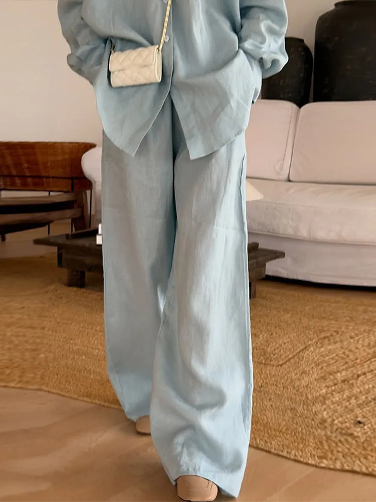 Casual Womens Trouser Suits Long Sleeve Turn-Down Collar Button Solid Lady Sets 2025 Summer Fashion 2 Pieces Set Women 250715