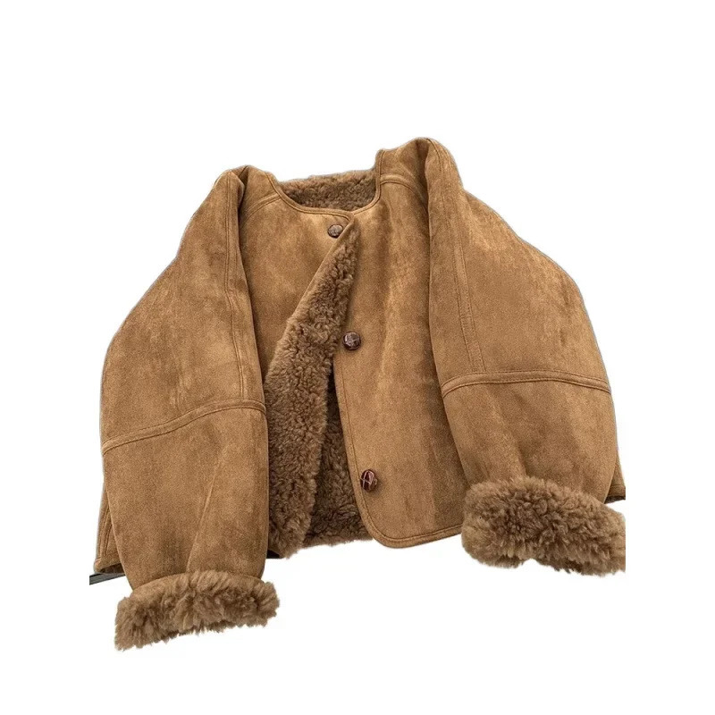 2025 Brown Leather Fur Integrated Jacket Mellow Style High Waist Autumn Winter Fashionable Womens Short Coat 250715