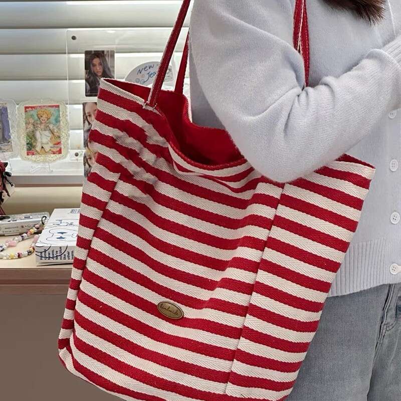 Striped Canvas 2025 New Korean Version Ins Casual Single Shoulder Large Capacity Tote Shopping Bag