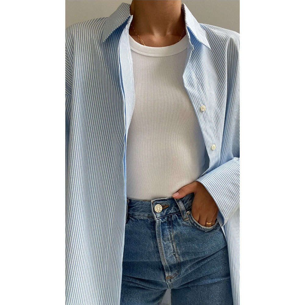 Shirt Summer New Simple High-End Hidden Button Long Sleeve Striped Cardigan B5