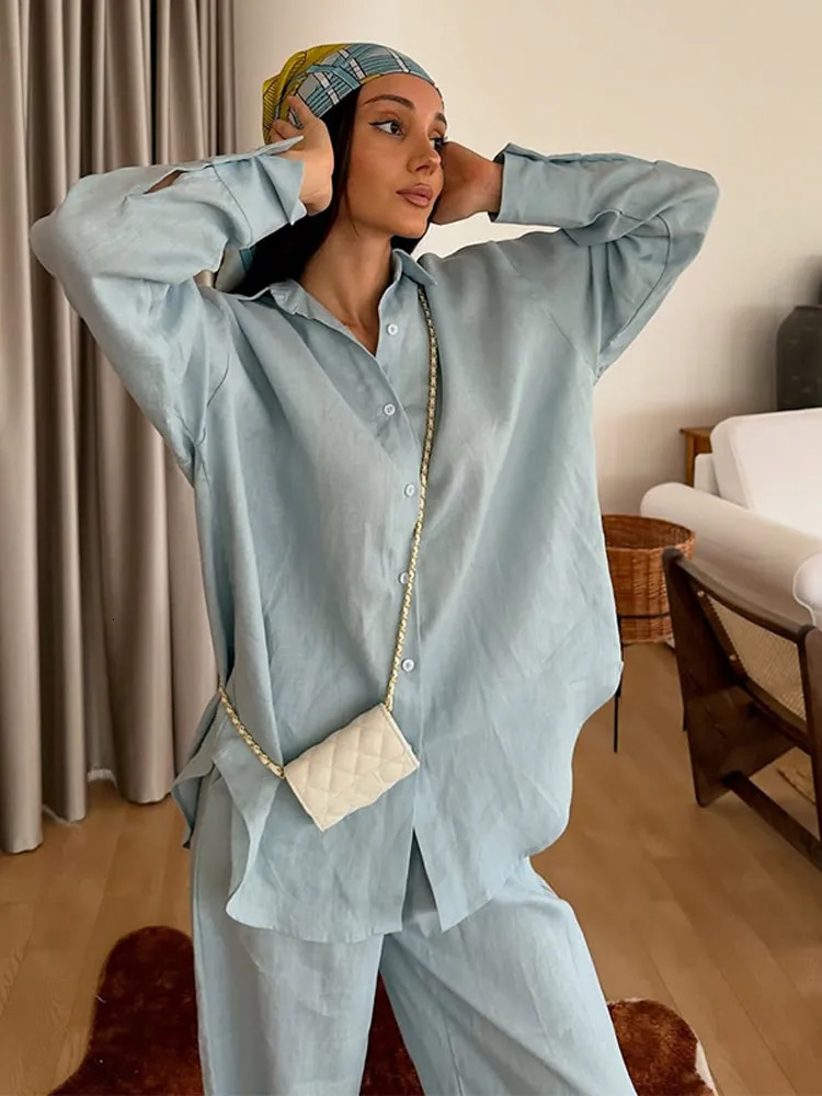 Casual Womens Trouser Suits Long Sleeve Turn-Down Collar Button Solid Lady Sets 2025 Summer Fashion 2 Pieces Set Women 250715