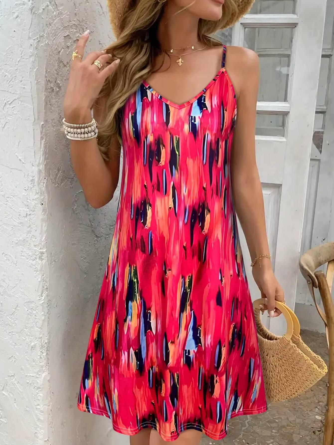 Womens Summer V-Neck Slip - Sleeveless All-Over Print Vacation Sundress , SlayDiva Beach Dress for Women, Flowy Bohemia M dongdumaoyi