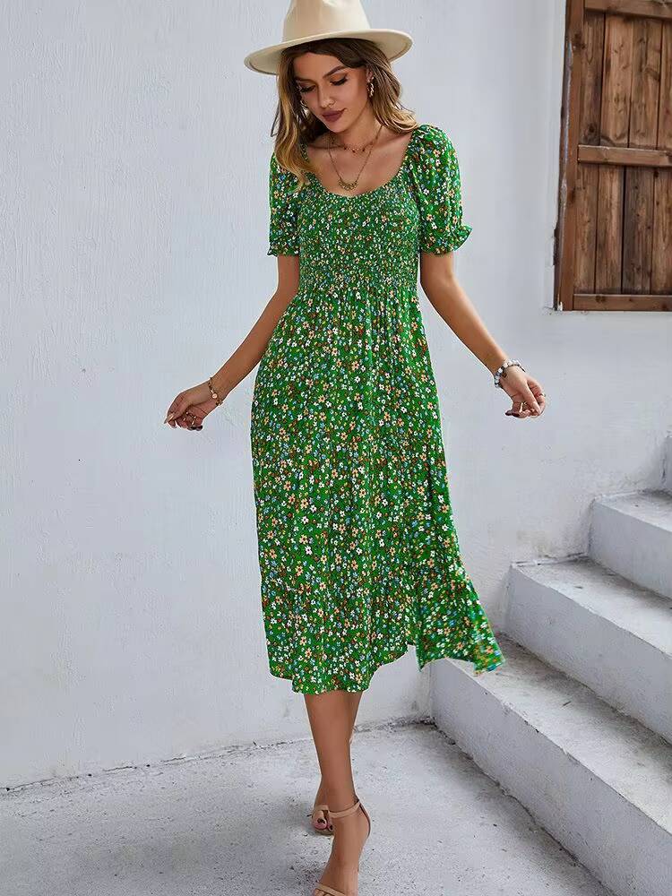 Bohemia Print 2025 New Summer Holiday Midi Dress Casual Puff Sleeve High Waist Boho Split Dresses For Women Clothes dongdumaoyi