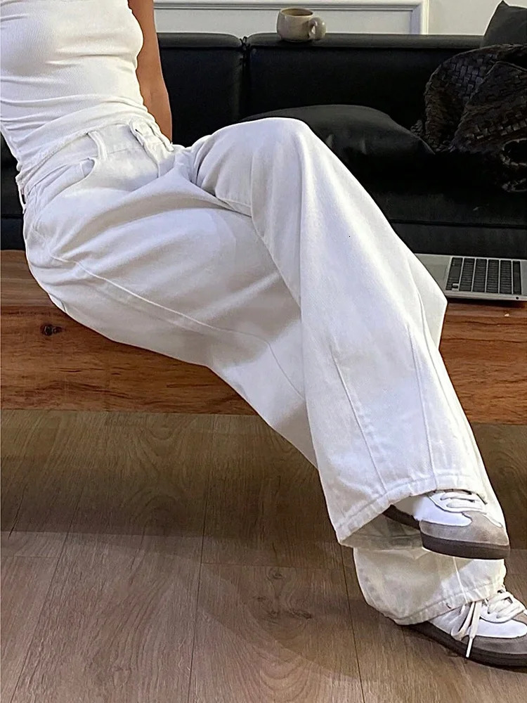 Loose Jeans Fashion Women High Waist Pocket White Solid Retro Wide Leg Denim Pants Casual Office Lady Commute Trousers 250716