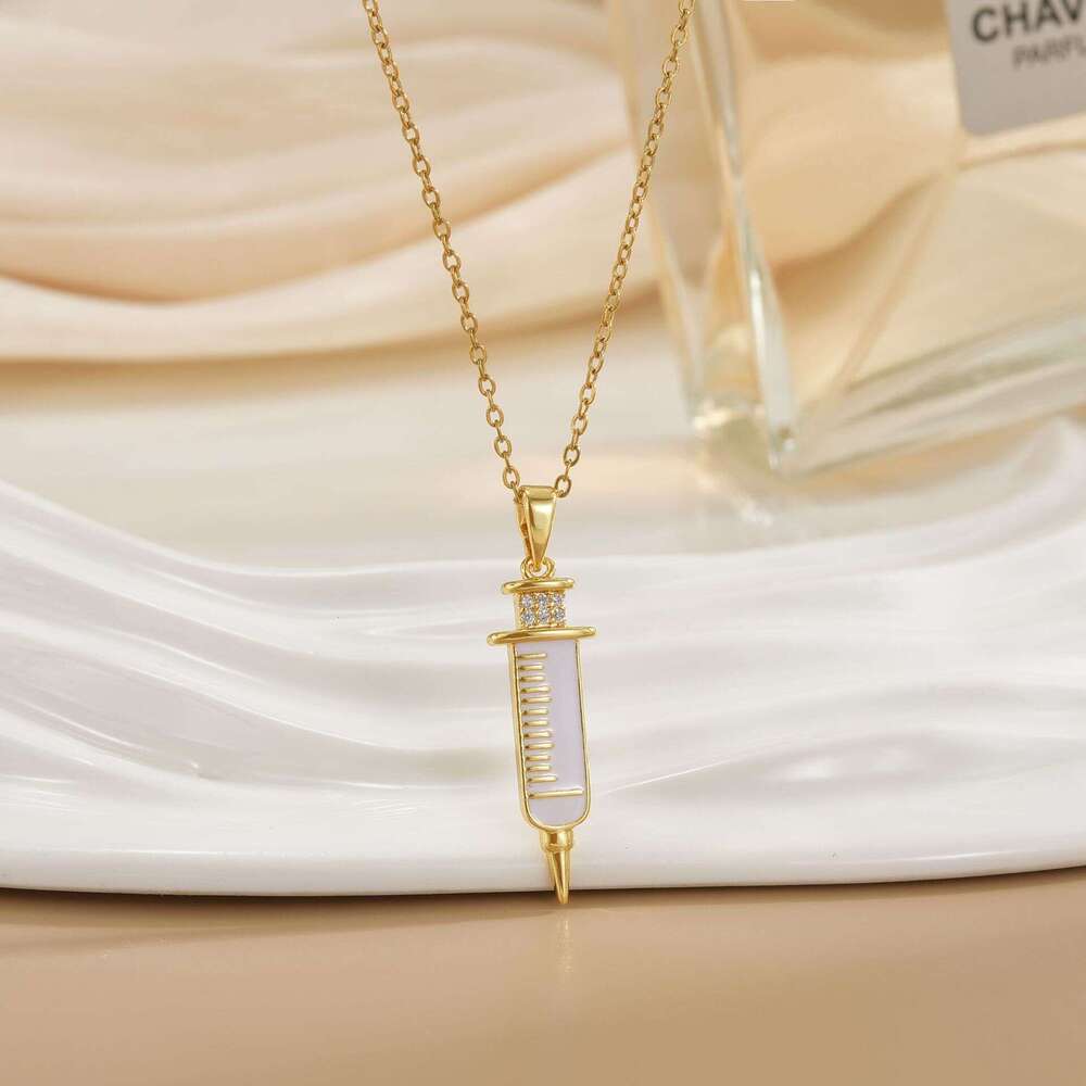 Cute Medical Creative Jewelry Copper Gold-Plated Nurse Needle Necklace Clavicle Chain Pendant 57C