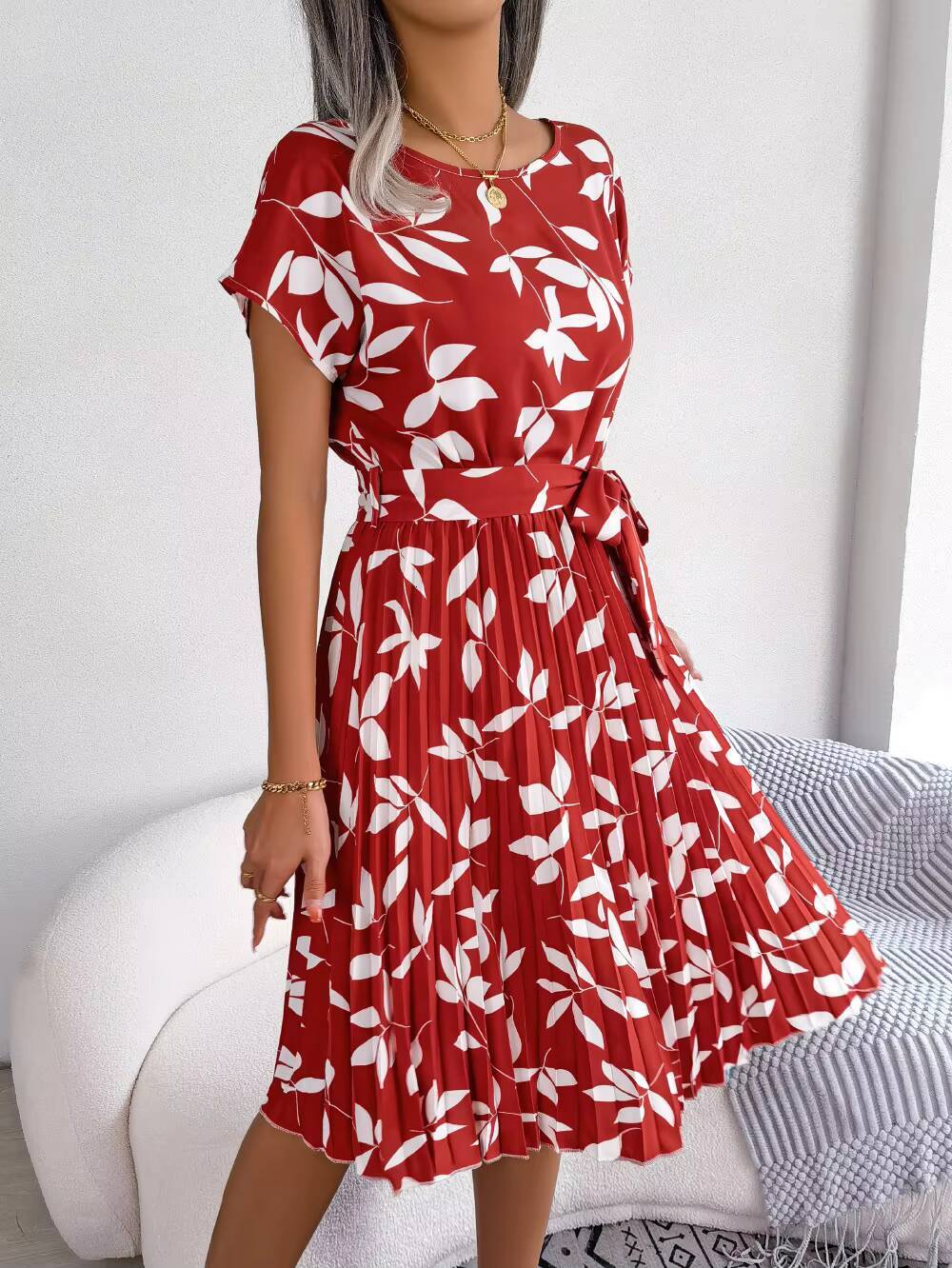 Casual O-neck Short Sleeve Dress Office Lady Spring Summer Fashion Elegant Floral Print Lace Up Pleated Dresses For Women 2023 dongdumaoyi