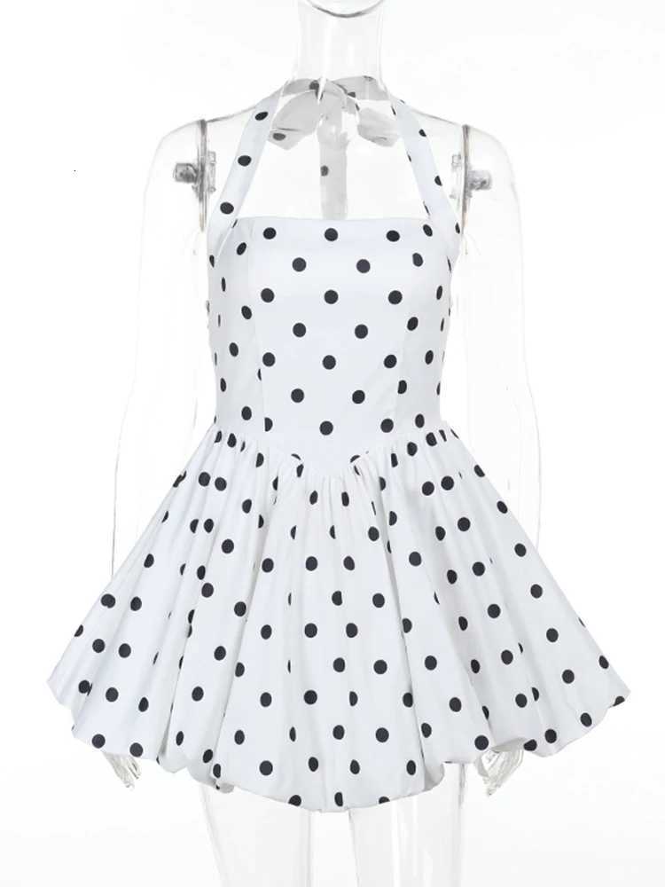 100% Cotton Polka Dot Vacation Mini Dress For Women High Waist A-line Ball Gown Dress Sleeveless Halter Neck Female Summer Fashion R250716