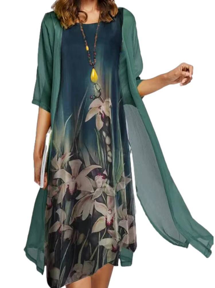 2024 Europe and the United States summer new womens casual two-piece set of printed round neck slim dress women dongdumaoyi