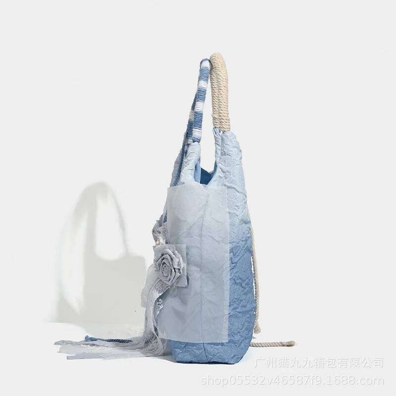Vintage Pastoral Satin Tie-Dye Rose Early Summer Blue Pleated Fairy Tassel Lace Shoulder Bag