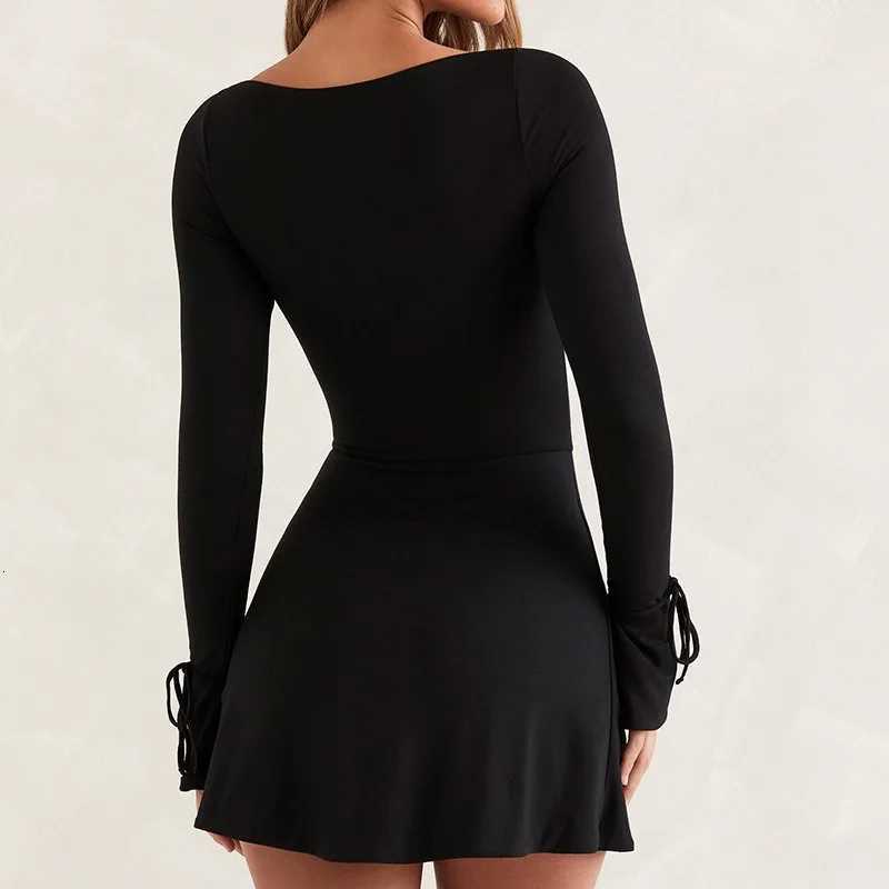 Spring New Mini Dresses Women Streetwear Fashion Long Sleeves Lace-up Split Dress Black Sexy Elegant Casual Slim Dresses Female R250716