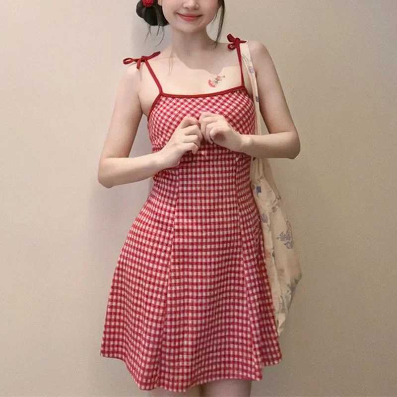 Summer Girls Sweet Red Plaid Slip Dress Lady Korean Designer Bowknots Slim Fit Skirts Female Beach Vacation A-line Short Dress R250716