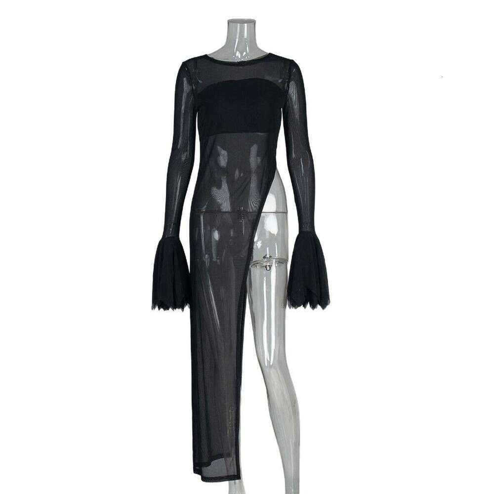 Irregular Summer New Bell Sleeve Long Black Mesh Dress B5