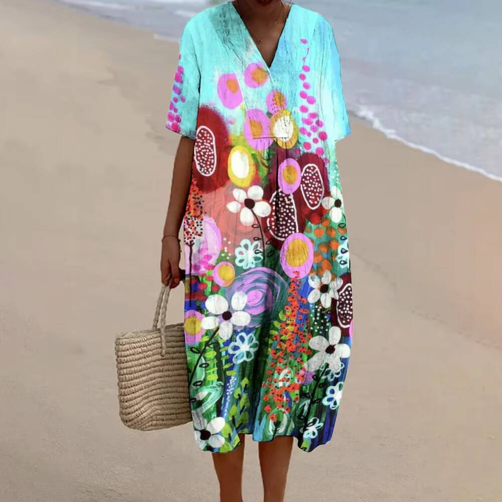 A-line Casual Daily linen womens luxury print Cotton Short Sleeve V Neck Bohe Mini Dresses Loose Fit Beach hawaiian dress dongdumaoyi