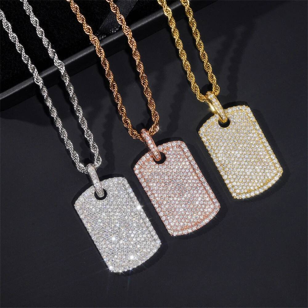 S925 Sterling Silver Inlaid Moissanite Shiny Rectangular Pendant Necklace INS Cool Hip-hop Pendant