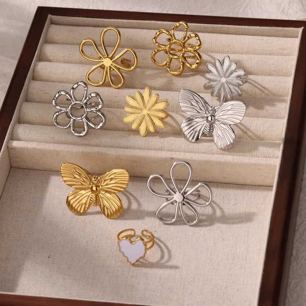 Shuangshuo Vintage Stainless Steel Sunflower Rings for Women Boho Gold Color Flower Butterfly Finger Ring Party Jewelry Gifts S250716