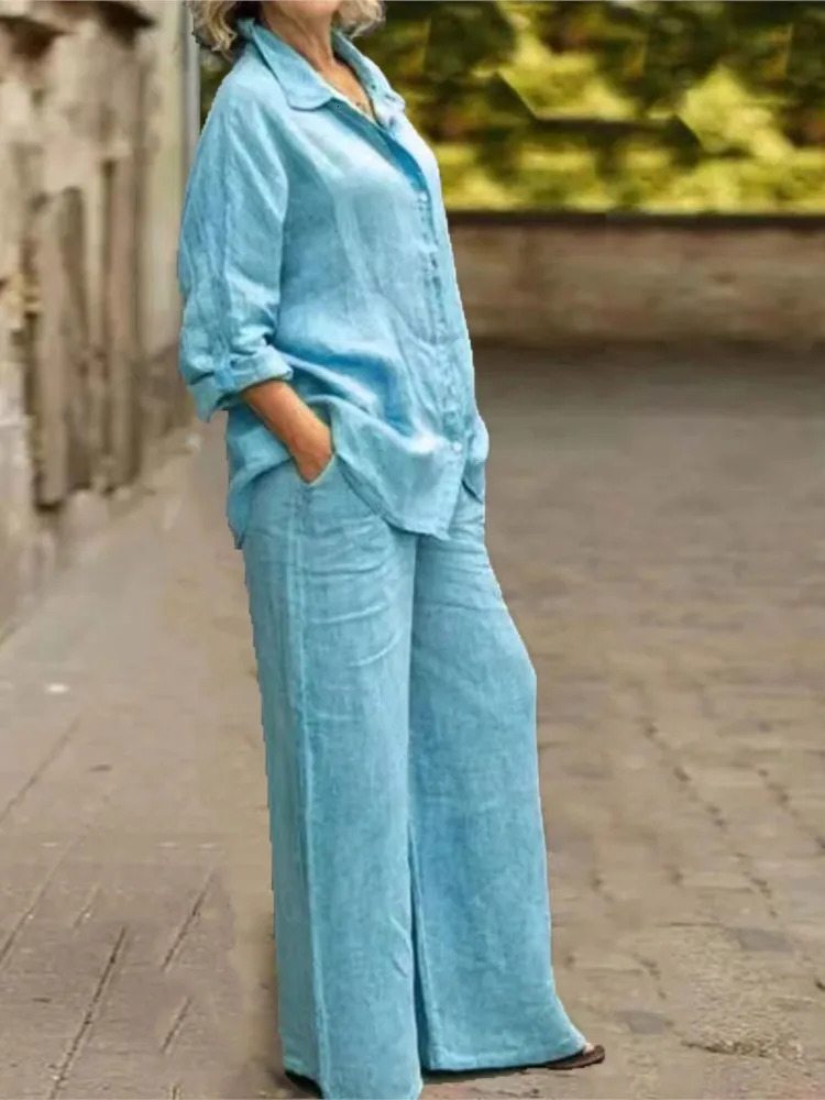 Fashion Cotton Linen Shirt Long Sleeved Womens Set Spring Autumn Loose Cotton Linen Wide Leg Trousers Female Office 2piece Set 250715