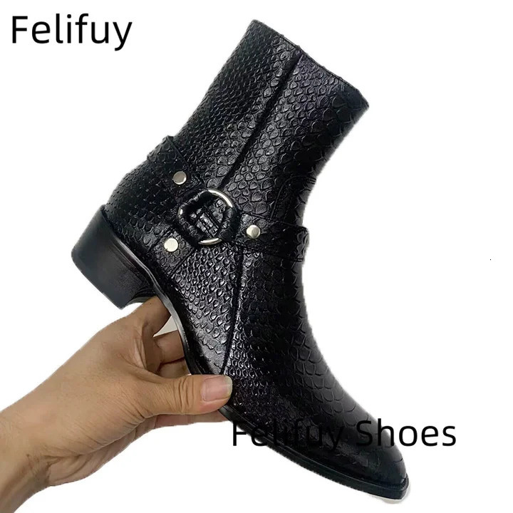 Genuine Leather Black Western Boots Snakeskin Buckle Strappy Men Ankle Boots Flats Trainers Side Zip Sapatos Shoes Men 250715