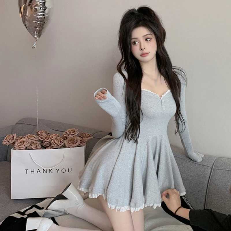 Sexy Korean Dress French Style Closed Waist Long Sleeve Collarbone Exposed Sweet R250716