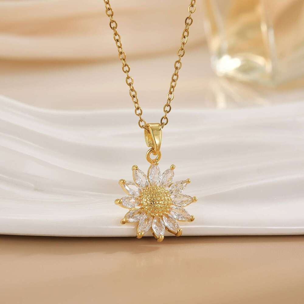 Micro Pave Zircon Flower Design Pendant Necklace For Women, Copper Plated Real Gold, Fashionable And Versatile With A High-End Feel B5f