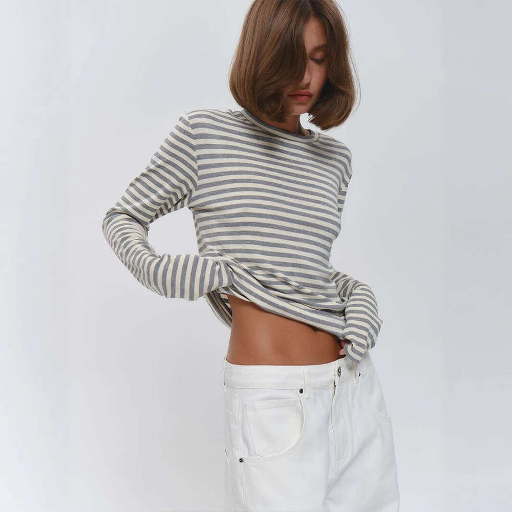 Striped T-Shirt Autumn Winter Commuter Slim Fit Round Neck Cotton Base Shirt Long Sleeve Tee For Women B5