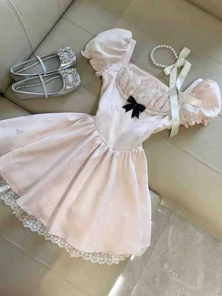 Korean Sweet Pink Bow Bubble Sleeve Dress Women New Fashion Fit Chic Party Fairy Fluffy Dresses Summer Harajuku Y2k Slim Clothes R250716
