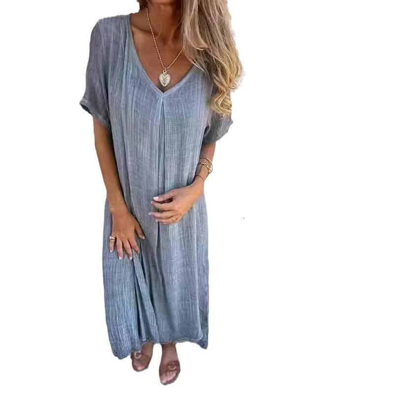 Sexy V Neck Loose Cotton Linen Dress Summer Women Short Sleeve Solid Color Maxi Long Homewear Oversized Dresses YSYYFS-YS24188 dongdumaoyi