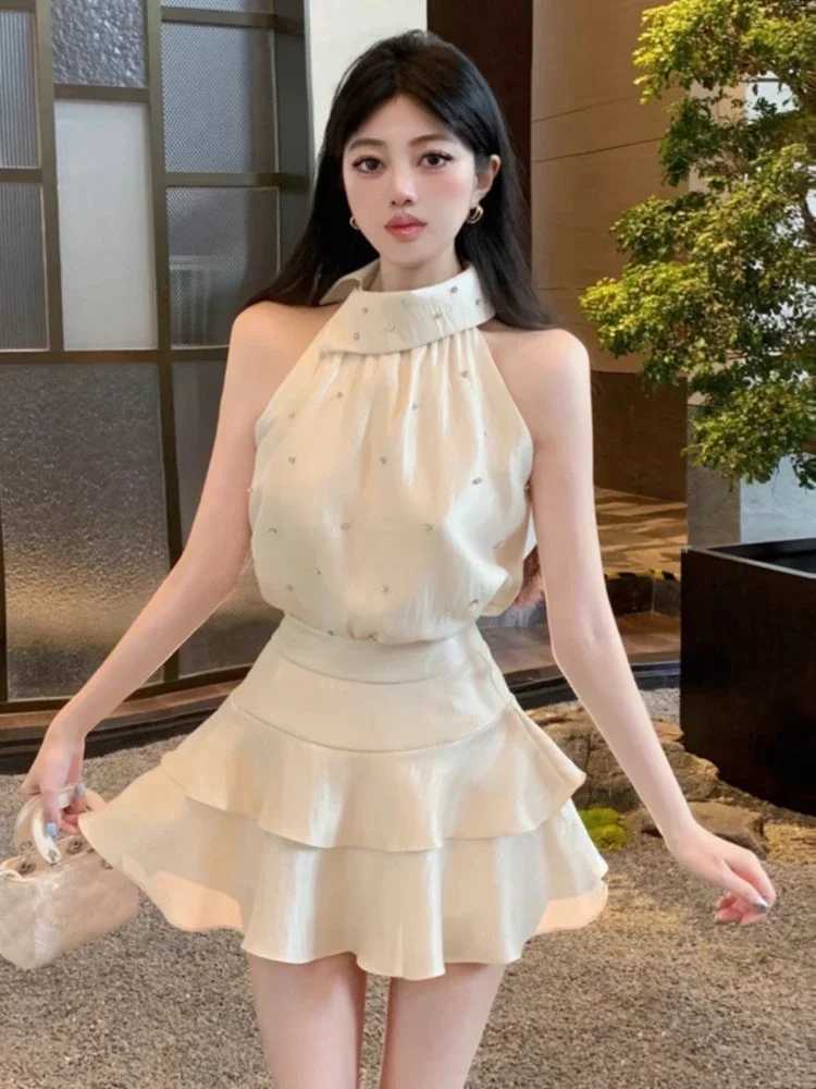Ezgaga Woman Two Piece Set Sexy Elegant Crop Tank Tops Rhinestone Camis Slim Mini Skirts Summer Fashion Ladies Suits Chic R250716