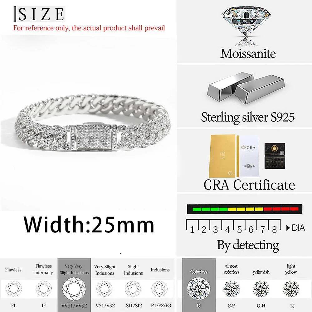 10mm Width Women Fine Jewelry Bling Iced Out 2 Rows VVS Moissanite Cuban Bracelet 925 Sterling Silver Cuban Link Chain