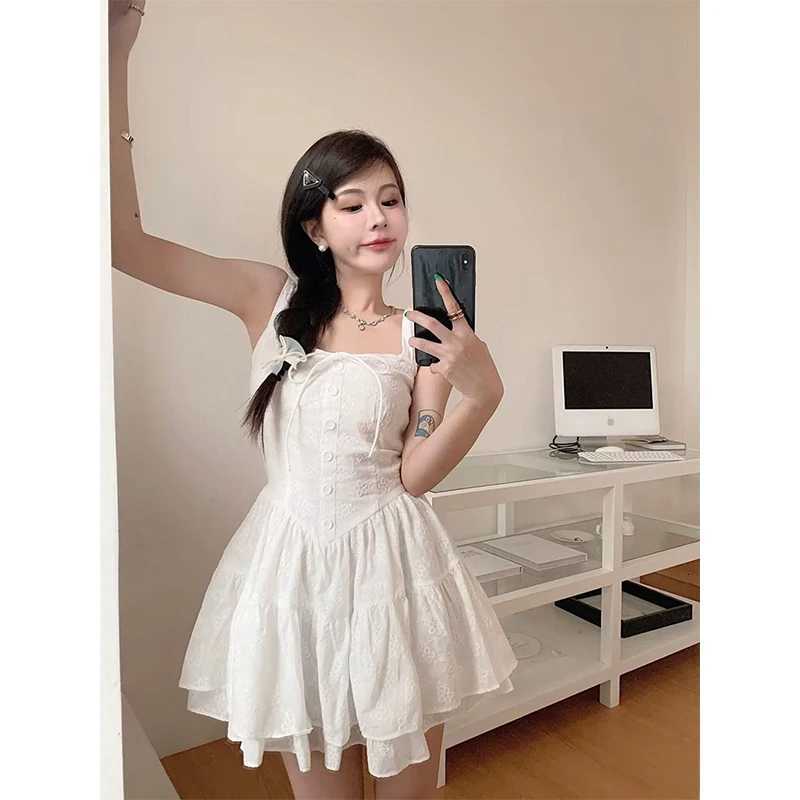 Mekst Sweet White Mini Dress Women Fairy Party Prom Strap Ruffles One Pieces Dresses Korean Vacation Bodycon Ball Gown Vestidos R250716