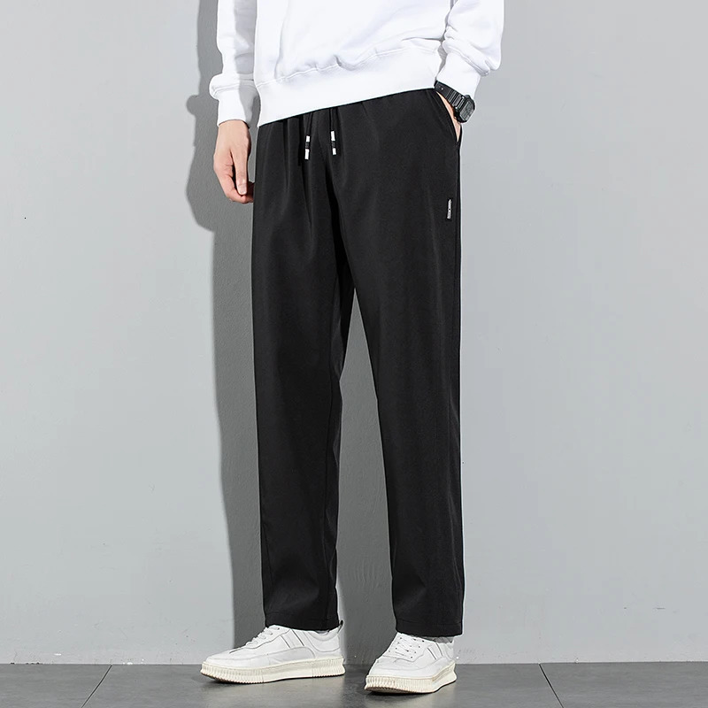 Ice Silk Mens Pants 2025 Summer Black Gray Thin Business Casual Pants Outdoor Elastic Breathable Straight Leg Sweatpants 250715