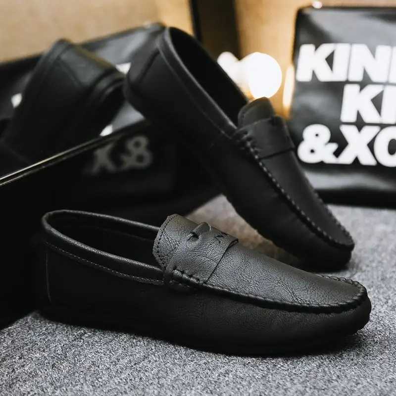 Loafers Flat Man Casual Shoe Black Leather Shoes for Men Soft Moccasin Round Toe Common Size 45 Low Price New in Cowhide Elegant W250716