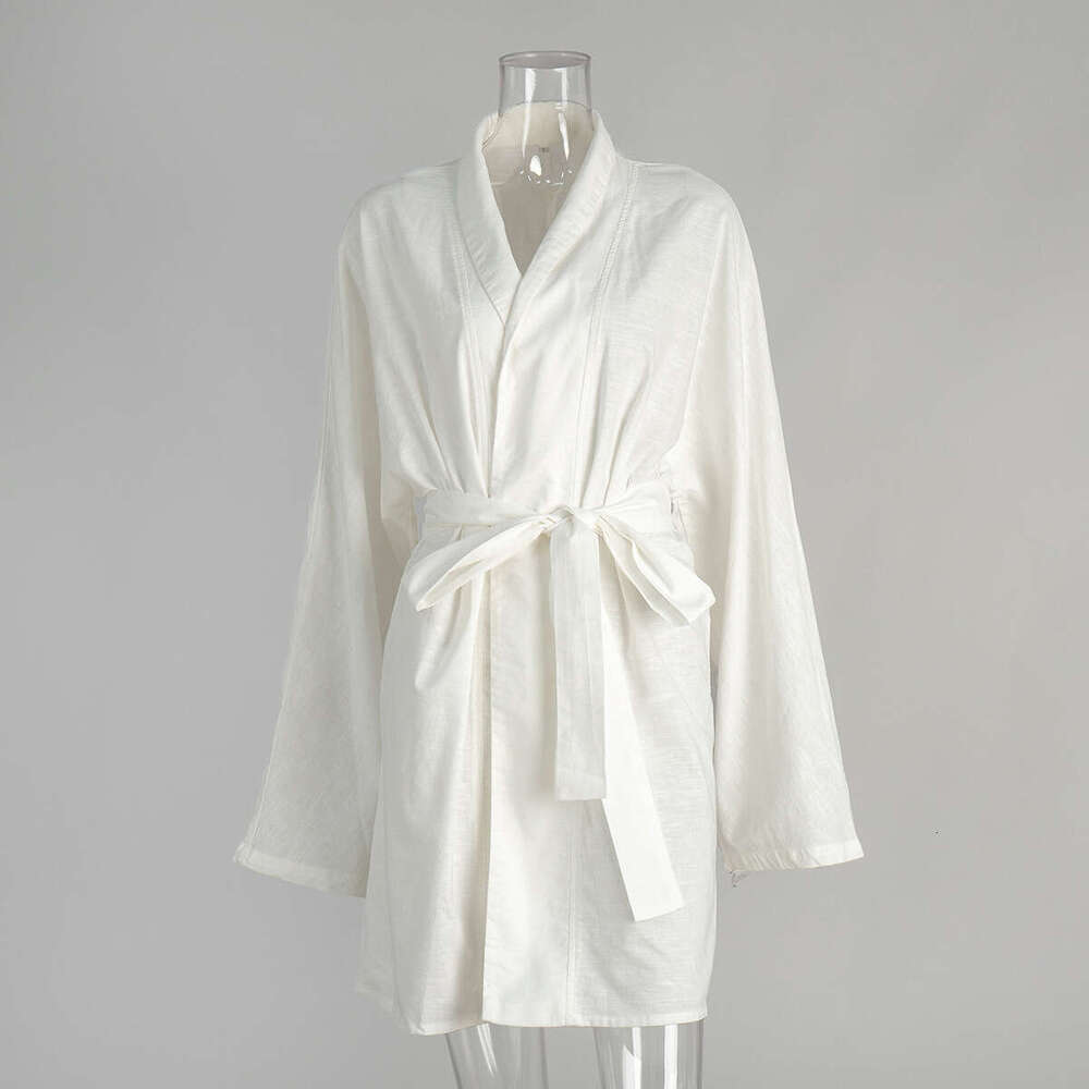 Cotton Linen Robe For Women Spring Summer New Tie Casual Comfortable Beach Dress B5