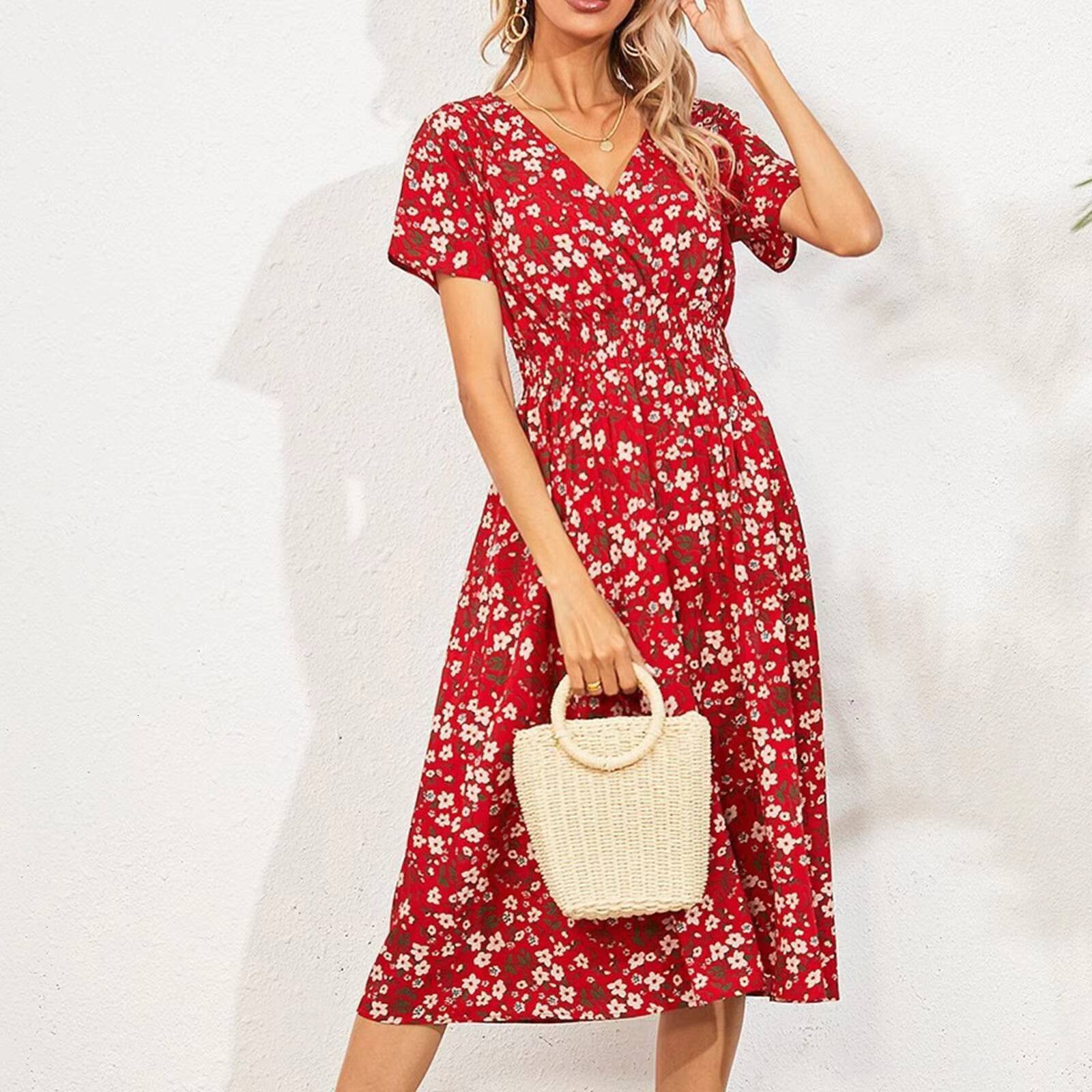 High Quality Luxury Design 2024 Elegant Cinching V-neck Printed Elastic Waist Maxi Sexy Dress Women Clothing Vestido dongdumaoyi