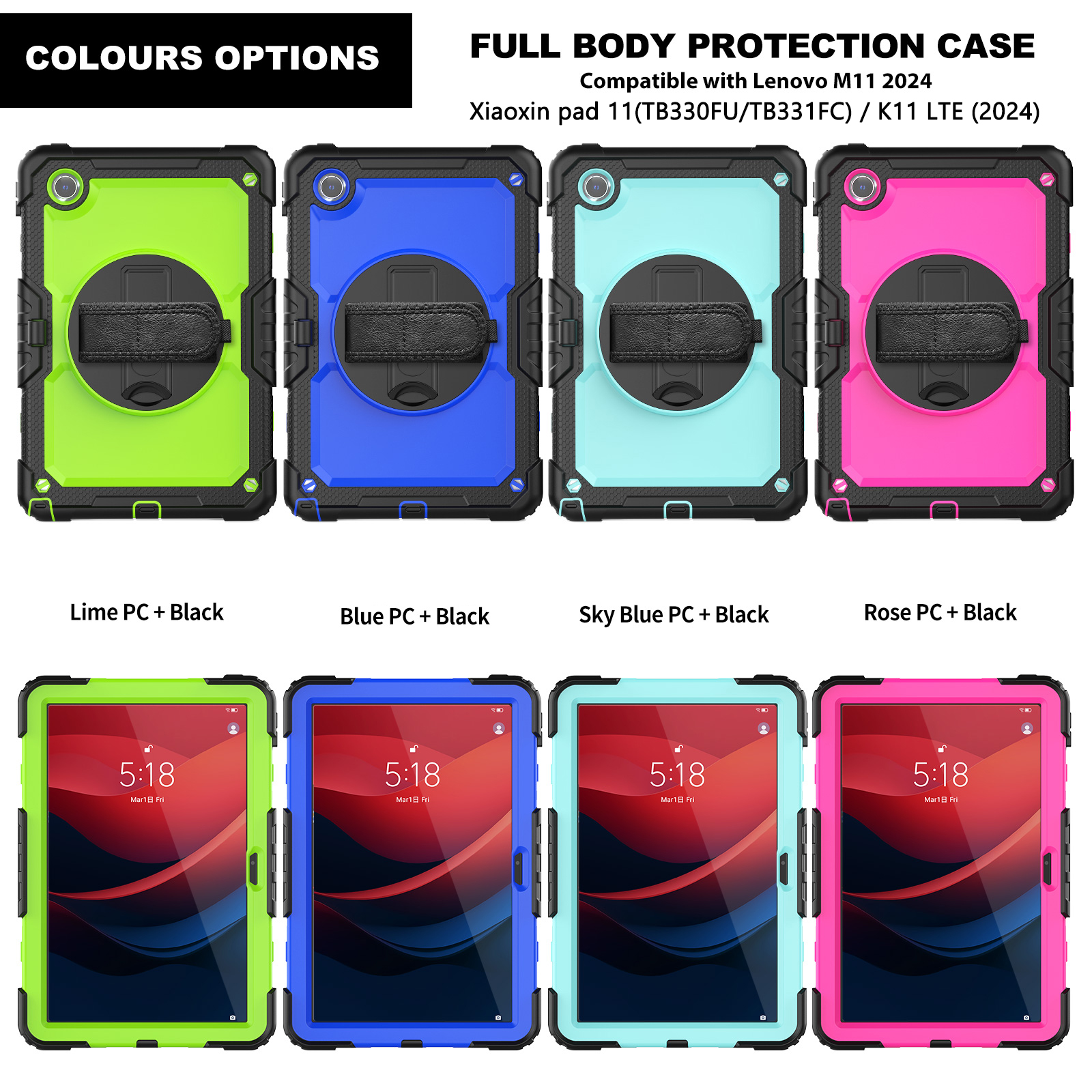 For Lenovo Tab M11 HD 11"(2024) Xiaoxin Pad 11 K11 LTE Tablet Case 360 Rotating Kickstand Heavy Duty Rugged Shockproof Kid Safe Cases with Should