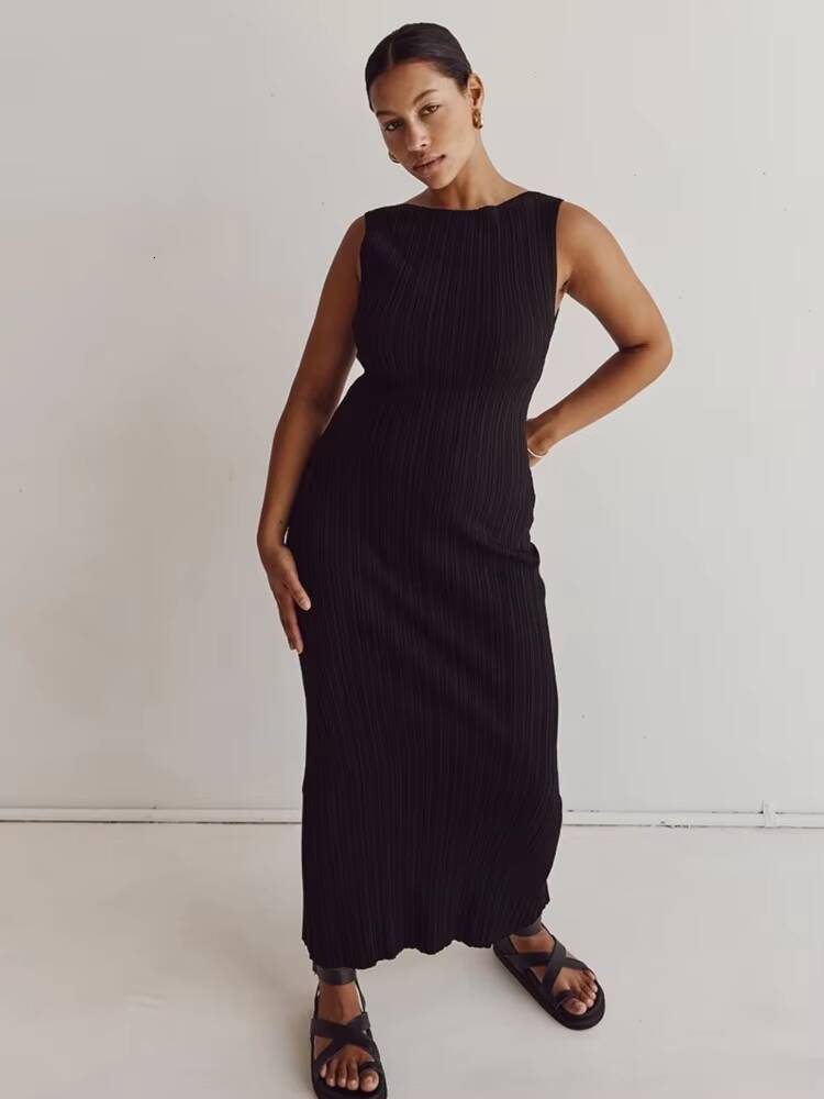 Cotton Knitted Stripe Dresses For Women Solid Color Sleeveless O Neck Ladies Party Long Dress 2025 New Casual Commuting Vestidos dongdumaoyi