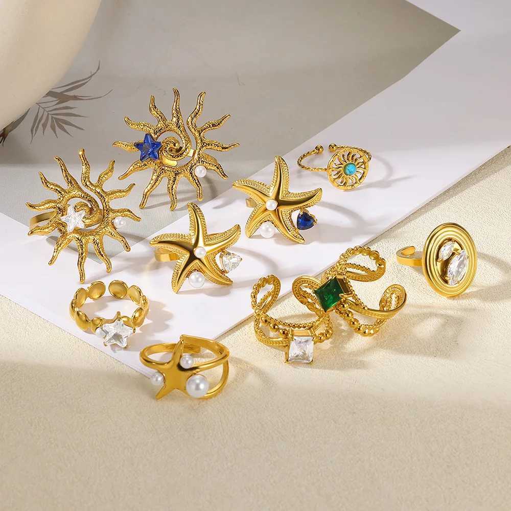 Shuangshuo Retro Sun Moon Starfish Open Rings for Women Men Punk Irregular Rhinestone Ring Summer Holiday Personalized Jewelry S250716