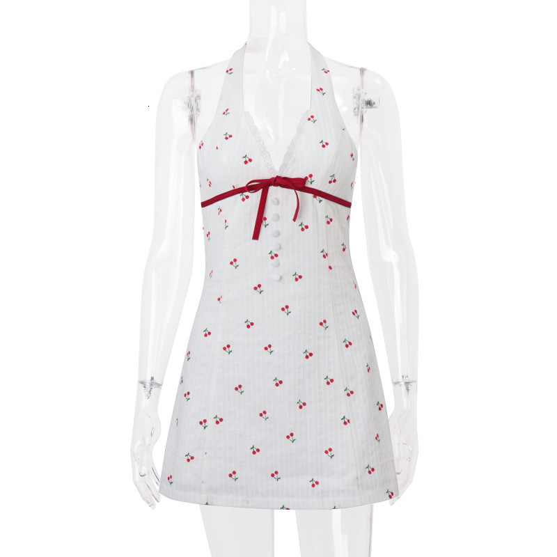 2025 INS European and American Style 2024 Summer New Sweet Spicy Deep V Button Backless Cherry Print Waist-Cinching Halter Dress for Women