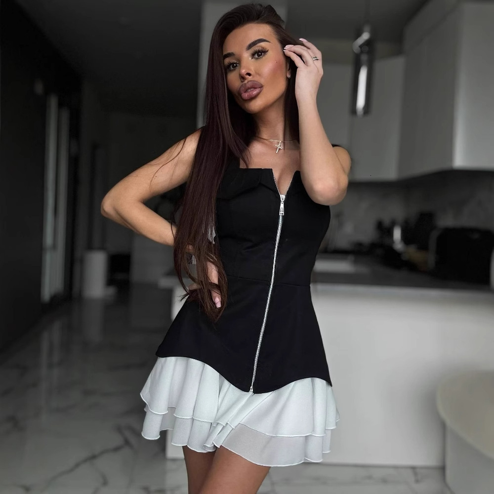2025 Cross-Border European and American Sexy Slim Zipper Strap Dress for Women, New Foreign Trade Women's Fashion, Patchwork Pleated Short Skirt 